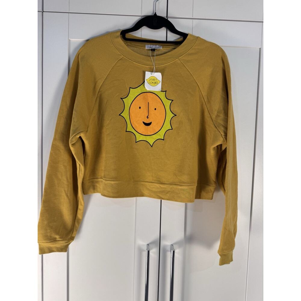 NWT Jenny Lemons Cropped Sweatshirt Womens M Yellow Sun Graphic Cute Artsy